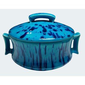 Vintage Handcrafted Blue Glaze Ceramic Lidded Casserole Dish With Handles